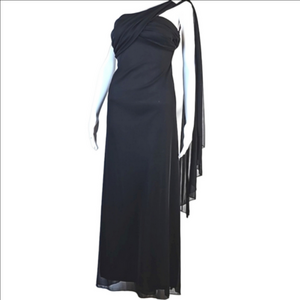 Vintage 80s 90s Hyphen Black One Shoulder Draped Formal Dress Evening Gown